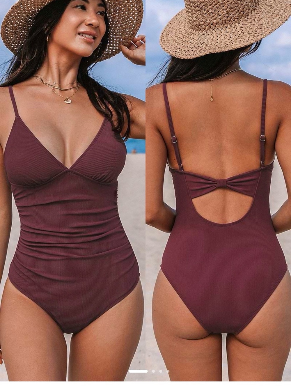 Cupshe Ribbed One-Piece Swimsuit in Wine